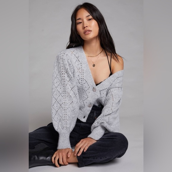 Anthropologie Gray Off-the-Shoulder Sweater with Intricate Knit Design - Picture 1 of 15